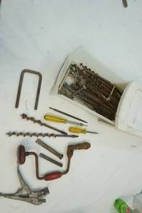lot 186 image: Vintage hand drill, chisels, file, ...