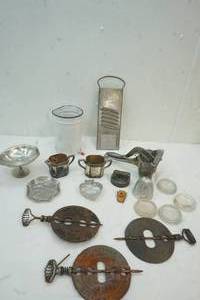 lot 201 image: Vintage Cheese Grater, stove dampers, bed coasters, donut cutter, set of nickel silver,