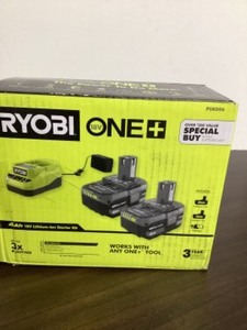lot 48 image: RYOBI ONE 18V Lithium-Ion 4.0 Ah Battery (2-Pack) and Charger Kit (new open box) Model # PSK006
