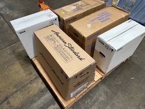 lot 55 image: Wholesale Lots - Toilets - Toto Drake, American Standard, Kohler - 2 Piece Toilets - All are missing a piece