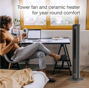 lot 42 image: Lasko Oscillating All Season Tower Fan and Space Heater in One for Home with Adjustable Thermostat, Tip-Over Switch, 4 Fan Speeds, 3 Heat Settings and Remote Control, 42 Inches, 1500W, Gray, FH515 (used like new condition)