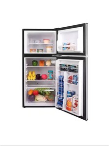 lot 22 image: Frigidaire 4.5 cu. ft. 2 Door Mini Fridge in Chrome Trim and Platinum Design with Freezer and Manual Defrost - Like New - Unused - Tested Works - Dented