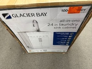 Glacier Bay 24 W x 21D x 34L Stainless Steel LaundryUtility Sink with Faucet and Cabinet in White - Damage  Ok  Repairable