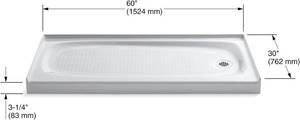 KOHLER K-9054-0 Salient 60-Inch x 30-Inch Single-Threshold Shower Base with right hand drain, White - Retail $1129.72 - Unused Minor Imperfection