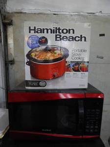 lot 3 image: west bend microwave and NEW hamilton beach 5 quart slow cooker