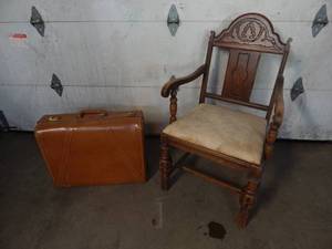 lot 24 image: vintage arm chair and platt suitcase