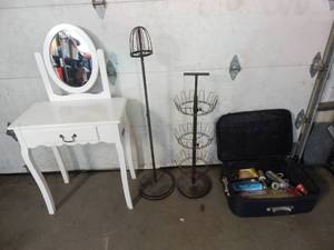 lot 25 image: vanity, wig and shoe stand, suitcase with contents