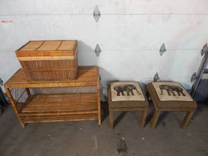 lot 30 image: wicker shelf and basket, 2 elephant stools