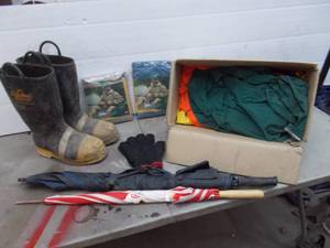 lot 48 image: throgood mens fire boots size 11 wide, assorted rain gear