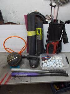 lot 77 image: sports equipment junior golf clubs, bag, balls, bats, yoga mats
