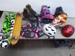 lot 78 image: skateboards, riedell skates size 10, youth rollerblades, helmets and pads