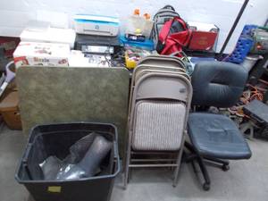 lot 28 image: card table with 5 chairs and assorted office supplies