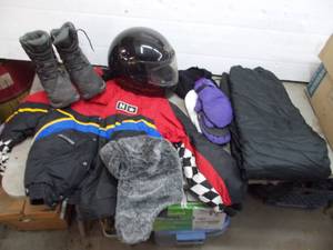lot 104 image: vintage snowmobile jacket size M, sledmate pants size xl new wtags, swisstech boots size 9,  helmet size m