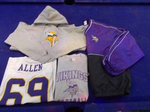 lot 117 image: Vikings #69 Allen jersey and T-shirt size L, hoodie and pullover wind breaker size XL