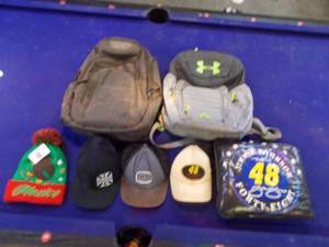 lot 121 image: Under Armour and Ogio backpacks, NASCAR Jimmy Johnson seat cushion and hat, other hats