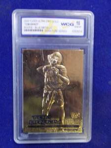lot 123 image: 2000 Fleer Ultra 23kt gold, Tom Brady, Rookie - blue mettallic signature series, graded and slabbed 10 GeM-MT by world class grading