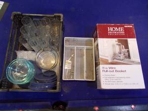 lot 138 image: New wire pull out drawer, set of 12 matching Anchor Glasses, 6 pyrex bowls and more