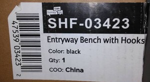 lot 71 image: Entryway Bench W Hooks New in Box. Black