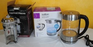 lot 90 image: Coffee Press and Cordless Electric Kettle.
