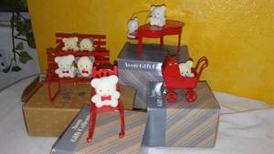 lot 96 image: Avon Teddy Bear Ornament collection(5) Teddy on Teddy Rocker, on Bench (2), Carriage, Piano. All Have Box.