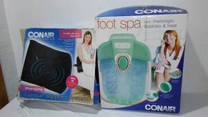 lot 239 image: New Conair Foot Spa and Massaging Lumbar Support System.