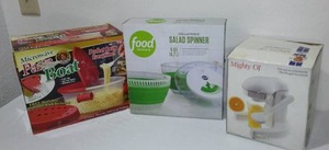 lot 241 image: New Microwave Pasta Boat, Salad Spinner, And Mighty OJ.
