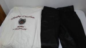 lot 265 image: Zip Up Easy Riders Leather Pants and Harley Davidson Long Sleeve.