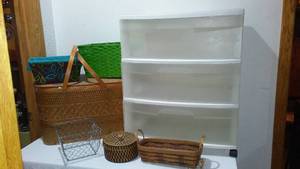 lot 293 image: Sterilite 3 Drawer Cart, Picnic Basket and Other Baskets.
