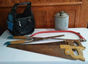 lot 335 image: Gas Can, Hand Saws, And Tool Organizer.