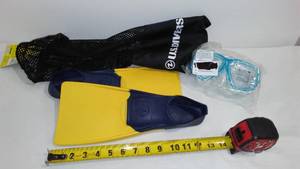 lot 203 image: Kids Sea Lion Floating Rubber Fins and Goggles.