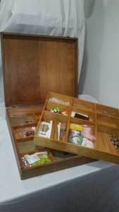 lot 371 image: Wood Partitioned Hinged Box With Craft Supplies.