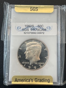 lot 69 image: 1992-S Kennedy Half Dollar Proof SGS PR70 CAM