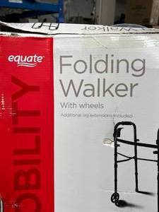 NEW IN BOX&nbspEquate Folding Walker with Wheels, Black -Adjust to the ideal height quickly, easily and securely with simple push button locks on each leg - Supports up to 350lbs - Box Has Outside Wear