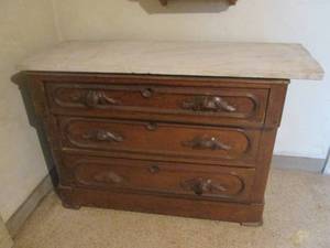 lot 2 image: (K) Antique 3-Drawer Dresser with Slab of Stone Top and Contents - 41 W x 31 H x 19 12 D