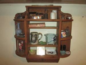 lot 4 image: (K) Vintage Wall Shelf with Assorted Vintage Smalls 26 W x 25 H x 6 14 D - 2 Screws to Remove From Wall