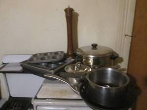 lot 28 image: (K) Assorted Kitchen Pans and Tall Wood Pepper Grinderr