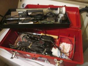 lot 35 image: (L) 19 Tool Box Full of Soldering Irons and Solder Etc