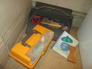 lot 36 image: (L) 2 Tool Boxes - Metal 19 Full of Misc and Pastic 15 with Hand Full of Hardware