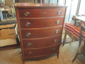 lot 54 image: (DLR) Vintage 5-Drawer Dresser Bowed Out Front 49 H x 35 W x 19 D