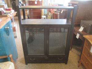 lot 98 image: (DLR) Vintage Wood Shelf Cabinet with Glass Front Doors and Glass Sides Long Drawer On Bottom 49 12 H x 37 W x 14 D