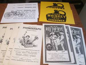 lot 108 image: (DLR) Vintage Advertising on Thick PaperCard Stock - A Few Of Each But Only 2 of the Pure Whiskey - Good for Framing 8 12 x 13 78