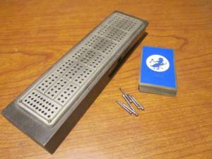 lot 118 image: (DLR) Vintage Cribbage Board - Wood with Metal Track and Pins Including Deck of Cards