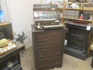 lot 139 image: (BR) Vintage National Multi Drawer Cash Register Wood Cabinet - Very Heavy, Bring proper help and carts for removal.