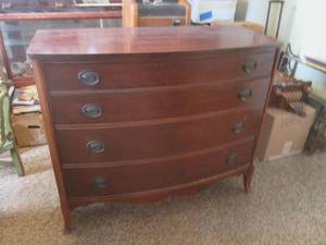 lot 154 image: (DLR) Vintage Wood 4-Drawer Dresser with Bowed Out Front 45 W x 37 14 H x 21 34 D