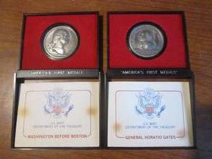 lot 165 image: (K) Lot of 2 Americas First Medals Pewter Reproductions - Washington Before Boston and General Horatio Gates