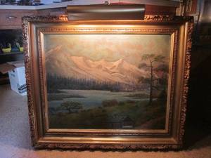 lot 220 image: (DLR) Very Fancy Antique Framed Canvas Painting with Attatched to Framing Light (Works) - Frame is Painted Gold