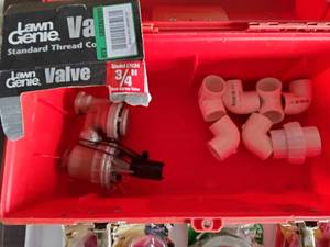 lot 84 image: Tool box full of plumbing items. PVC, Brass