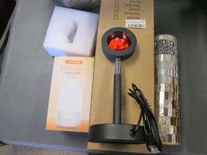 lot 16 image: 3pc lighting lot with led touch lamp, classy bead and glass flameless candle and red globe sign style light
