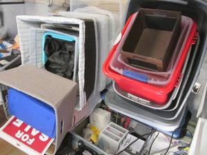 lot 52 image: Massive Mountain of assorted style and size storage baskets, Bins and storage totes (some have lids, some do not)