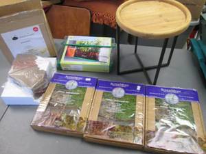 lot 60 image: Forest Terrarium and Root Viewer kits, plant stand and wooden book ends